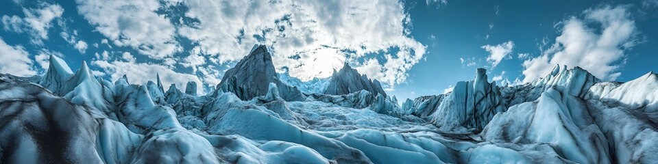 Poster - Panoramic view of the dramatic rock formations of the Grey Glacier with intricate patterns glowing under bright summer sunlight. in 4K resolution