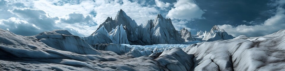 Poster - Panoramic view of the dramatic rock formations of the Grey Glacier with intricate patterns glowing under bright summer sunlight. in 4K resolution