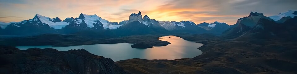 Aufkleber - Aerial panorama of the Patagonian wilderness glowing under soft twilight hues. with layers of rugged mountains and glacial lakes. in 4K resolution