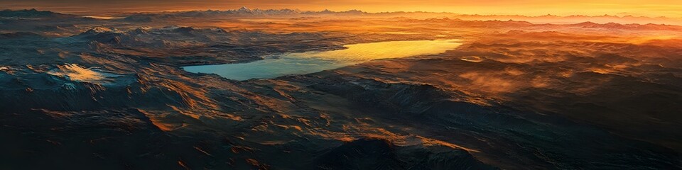 Aufkleber - Aerial panorama of the Patagonian wilderness glowing under soft twilight hues. with layers of rugged mountains and glacial lakes. in 4K resolution