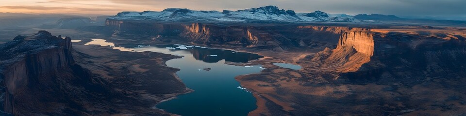 Aufkleber - Aerial panorama of the Patagonian wilderness glowing under soft twilight hues. with layers of rugged mountains and glacial lakes. in 4K resolution