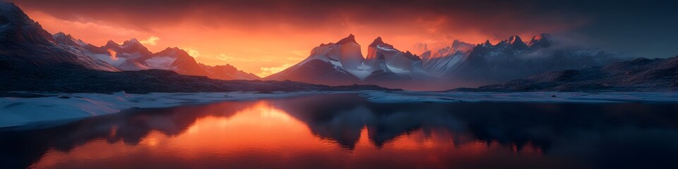 Leinwandbilder - Panoramic view of the rugged peaks of Torres del Paine glowing under the fiery hues of sunset. with reflections shimmering on the icy waters below. in 4K resolution