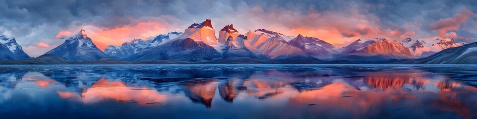 Leinwandbilder - Panoramic view of the rugged peaks of Torres del Paine glowing under the fiery hues of sunset. with reflections shimmering on the icy waters below. in 4K resolution