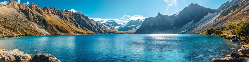 Poster - Panoramic view of the rugged mountains framing Lake Sarmiento. with the vibrant blue waters glowing under bright sunlight. in 4K resolution
