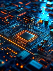 Poster - Futuristic Circuit Board with Glowing Orange and Blue Microchips : Generative AI