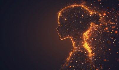 Wall Mural - Glowing woman's profile, particles, dark background.