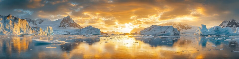 Poster - Panoramic view of Grey Glacier surrounded by intricate icebergs glowing under golden sunlight. with vibrant reflections in the icy waters. in 4K resolution