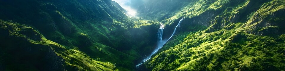 Poster - Aerial panorama of the French Valley with cascading waterfalls. rugged cliffs. and vibrant greenery glowing under soft morning light. in 4K resolution