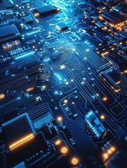 Fototapete - Blue and Orange Circuit Board with High Tech Components and Glowing Lights : Generative AI