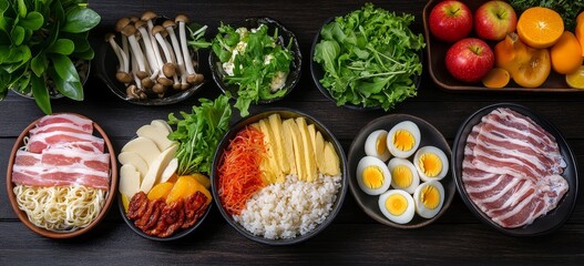 Wall Mural - Healthy meal prep with rice, eggs, bacon, mushrooms, and vegetables.