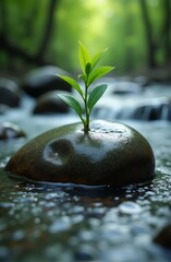 Wall Mural - A small plant growing out of a rock in the water