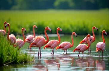 Wall Mural - A group of flamingos standing in a body of water