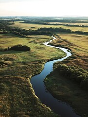 Poster - Scenic Aerial View of Serene Meandering River Through Expansive Green Fields Under a Clear Blue Sky : Generative AI