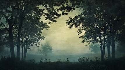 Poster - Misty Forest with Silhouetted Trees and Moody Atmosphere at Dawn in Tranquil Woodland : Generative AI