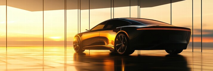 Poster - Sleek luxury car illuminated by sunset in modern architectural setting with reflective surfaces. Generative AI
