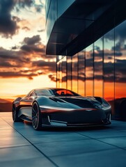 Poster - Sleek luxury car parked in a modern setting with vibrant sunset reflections on glass surfaces. Generative AI