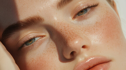 Poster - close-up of a person with natural freckles and glowing skin in soft sunlight during the golden hour