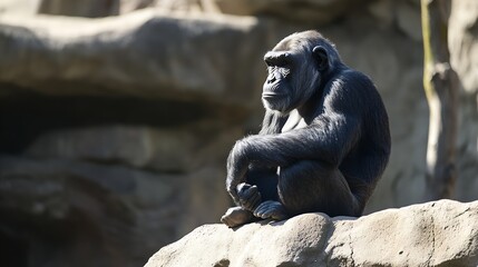 Poster - Solitary Gorilla Sitting on Rock in Jungle with Sun Rays : Generative AI
