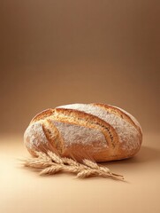 Fototapete - Minimalist bread loaf with wheat grains on a neutral background for culinary inspiration and recipe suggestions. Generative AI