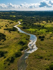 Poster - Scenic aerial view of tranquil winding river through lush greenery in peaceful countryside landscape : Generative AI