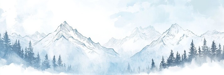 Poster - Snowy mountains and pine trees create a serene winter landscape for creative mock up designs. Generative AI