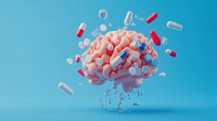 Aufkleber - 3D model of a human brain surrounded by colorful pills representing health and mental wellness in a vibrant environment. Generative AI