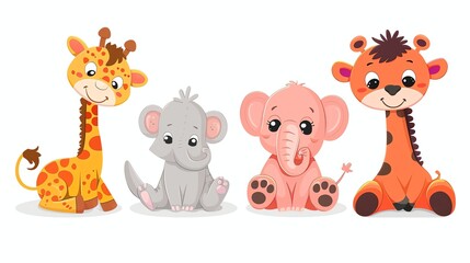 Canvas Print - A set of cute cartoon animals, including two giraffes and two elephants.