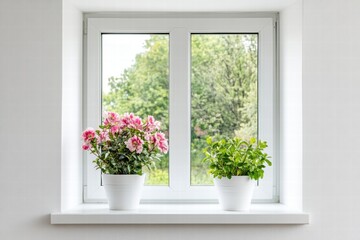 Aufkleber - Bright garden view from a window with blooming flowers and green herbs. Generative AI