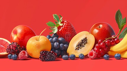 Wall Mural - A collection of fresh fruit on a red background.