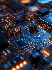 Aufkleber - Macro shot of electronic circuit board with glowing detail in blue and orange hues : Generative AI