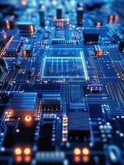 Aufkleber - Electronic Circuit Board with Illuminated Blue Microchips and Paths : Generative AI