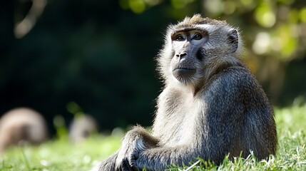 Poster - Observant Baboon Relaxing on a Grassy Field in Afternoon Sun : Generative AI