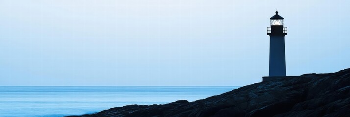 Poster - Elegant lighthouse silhouette against tranquil blue ocean at twilight with space for text. Generative AI