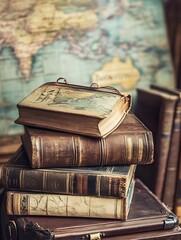 Aufkleber - Antique books stack with world map background inspiring literary travels and exploration : Generative AI