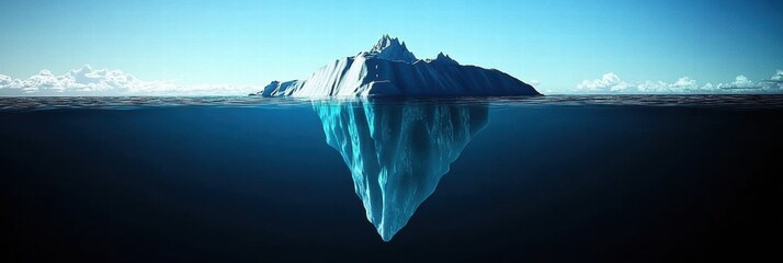 Fototapete - Melting iceberg floats in tranquil blue ocean under clear sky highlighting climate change effects. Generative AI