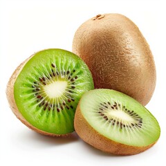 Poster - Ripe kiwi fruit showing whole and cut in half with visible seeds, isolated on white background
