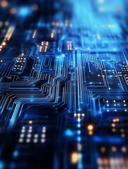Fototapete - Digital blue circuitry with illuminated microchip detail : Generative AI
