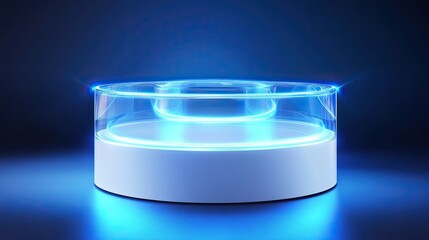 Modern white and blue cylindrical podium with neon shiny and clear glass rings. Abstract vector rendering of 3d shape.