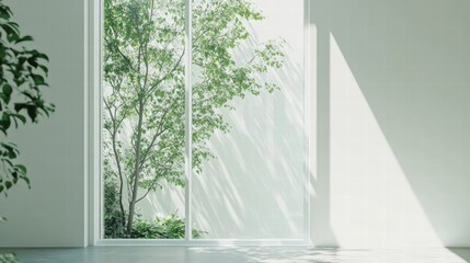 Poster - Bright sunlight filtering through a spacious window showcasing a lush garden view in a serene indoor setting. Generative AI