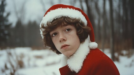 Fototapete - Winter Wonderland: A Boy in a Santa Hat