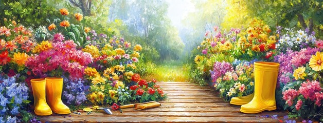 Vibrant Garden Landscape with Colorful Flowers and Yellow Gardening Boots on a Wooden Pathway Surrounded by Lush Greenery and Soft Sunlight