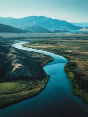 Aufkleber - Majestic River Winding Through Serene Mountain Valley Landscape with Clear Blue Sky : Generative AI