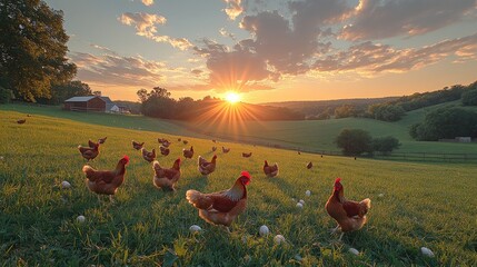 Wall Mural - Chickens graze in a vibrant sunset pasture.