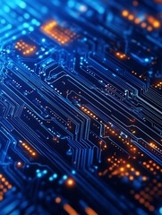 Poster - Close Up of a High Tech Circuit Board with Blue and Orange LED Lights : Generative AI