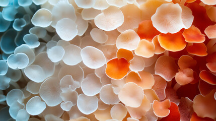 Poster - vibrant abstract pattern of colorful shapes resembling petals in soft hues of blue and orange