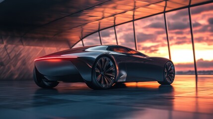 Poster - Luxury car showcases modern design against a stunning sunset backdrop in an urban setting. Generative AI