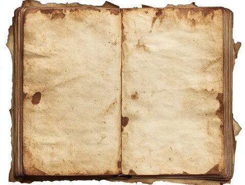 Open antique book with aged, stained, and burnt edges, blank pages.