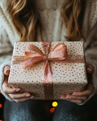 Wall Mural - A young woman wrapping a birthday gift box with a sparkly ribbon and festive paper, showcasing the joy of giftgiving for special occasions like Christmas