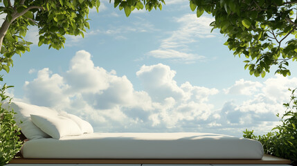 Wall Mural - comfortable outdoor bed under lush green foliage with a clear blue sky in the background on a sunny 