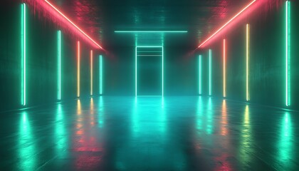 Poster - A glowing green room with neon lights reflecting off sleek surfaces, creating a dynamic, abstract technology background full of energy and digital textures